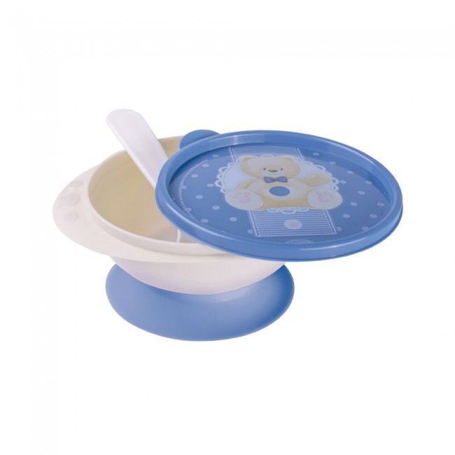 Teddy Bear Small Suction Bowl with Spoon (Blue)